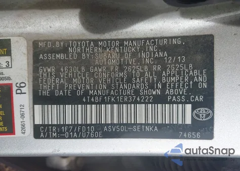 2014 Toyota Camry Le from USA, damaged, VIN 4T4BF1FK1ER374222